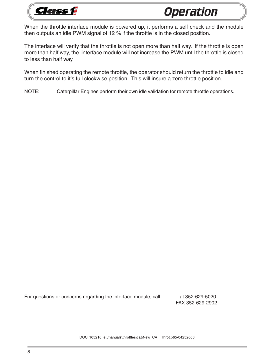 Operation | Class1 Throttle Interface CAT 105216 User Manual | Page 8 / 8