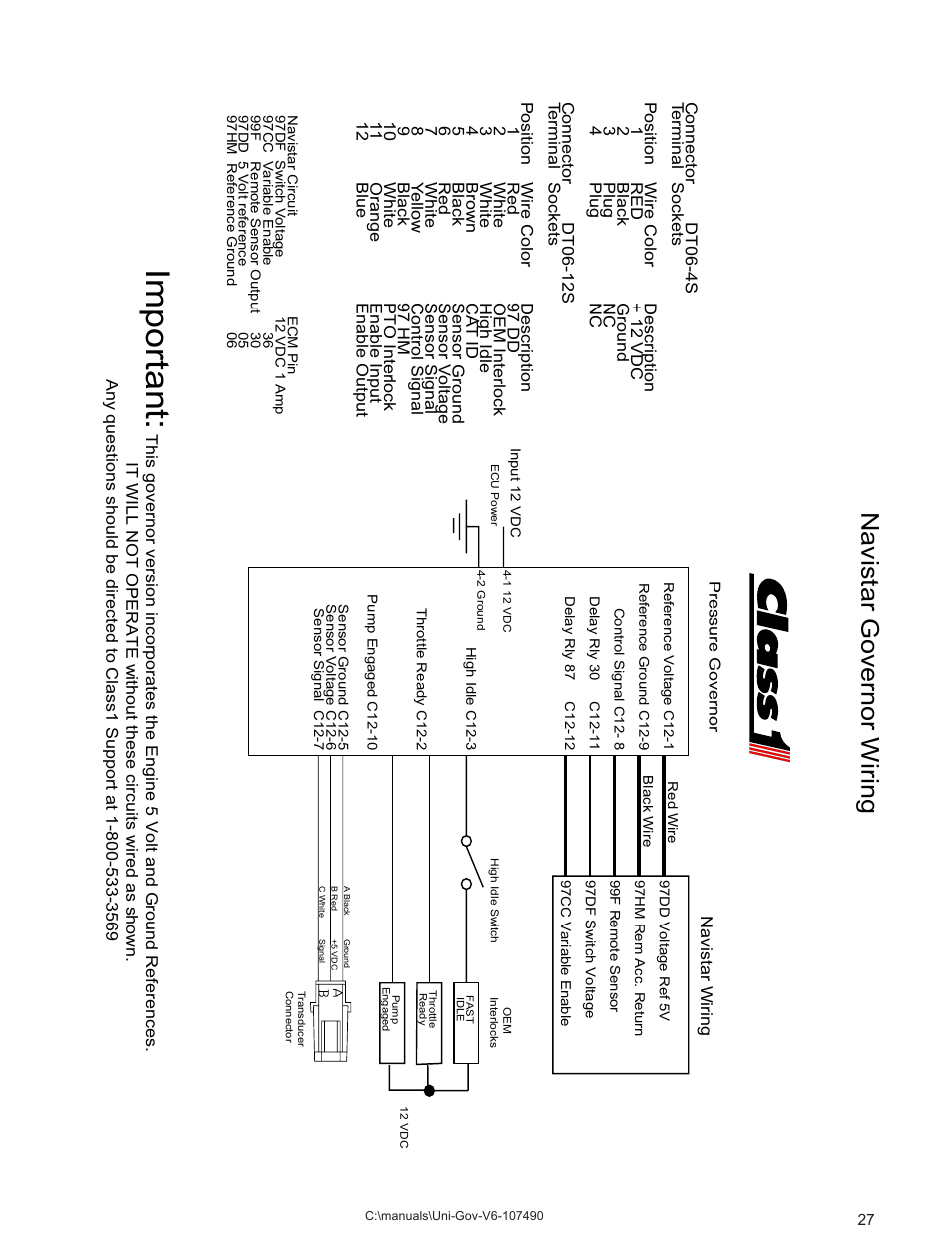 Navistar wiring, Important, Navistar governor wiring | Class1 107490 - UNI-Governor 107396 107269 software v  6 00 User Manual | Page 28 / 38