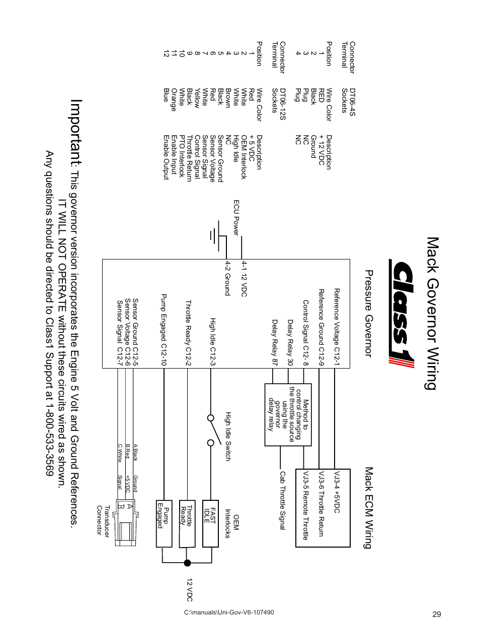 Mack wiring, Mack governor wiring important, Mack ecm wiring | Pressure governor | Class1 107490 - UNI-Governor 107396 107269 software v  6 00 User Manual | Page 30 / 38