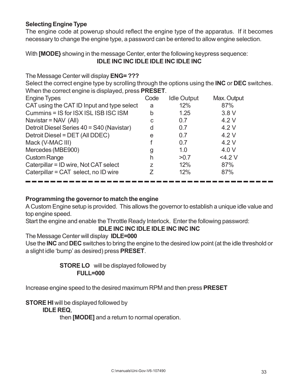 Engine type programming | Class1 107490 - UNI-Governor 107396 107269 software v  6 00 User Manual | Page 34 / 38