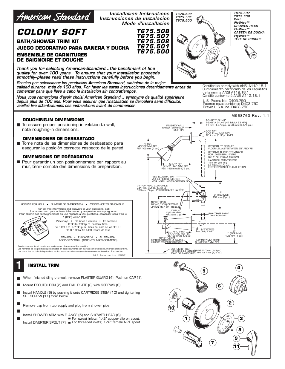 American Standard Colony Soft T675.502 User Manual | 3 pages