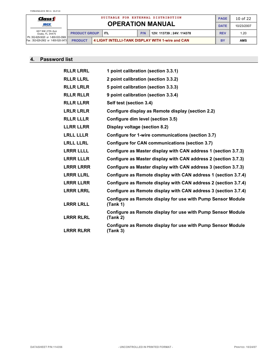 Operation manual, Password list | Class1 114356 - ITL 4LT with 1-wire and CAN COM 113739 114378 User Manual | Page 11 / 24