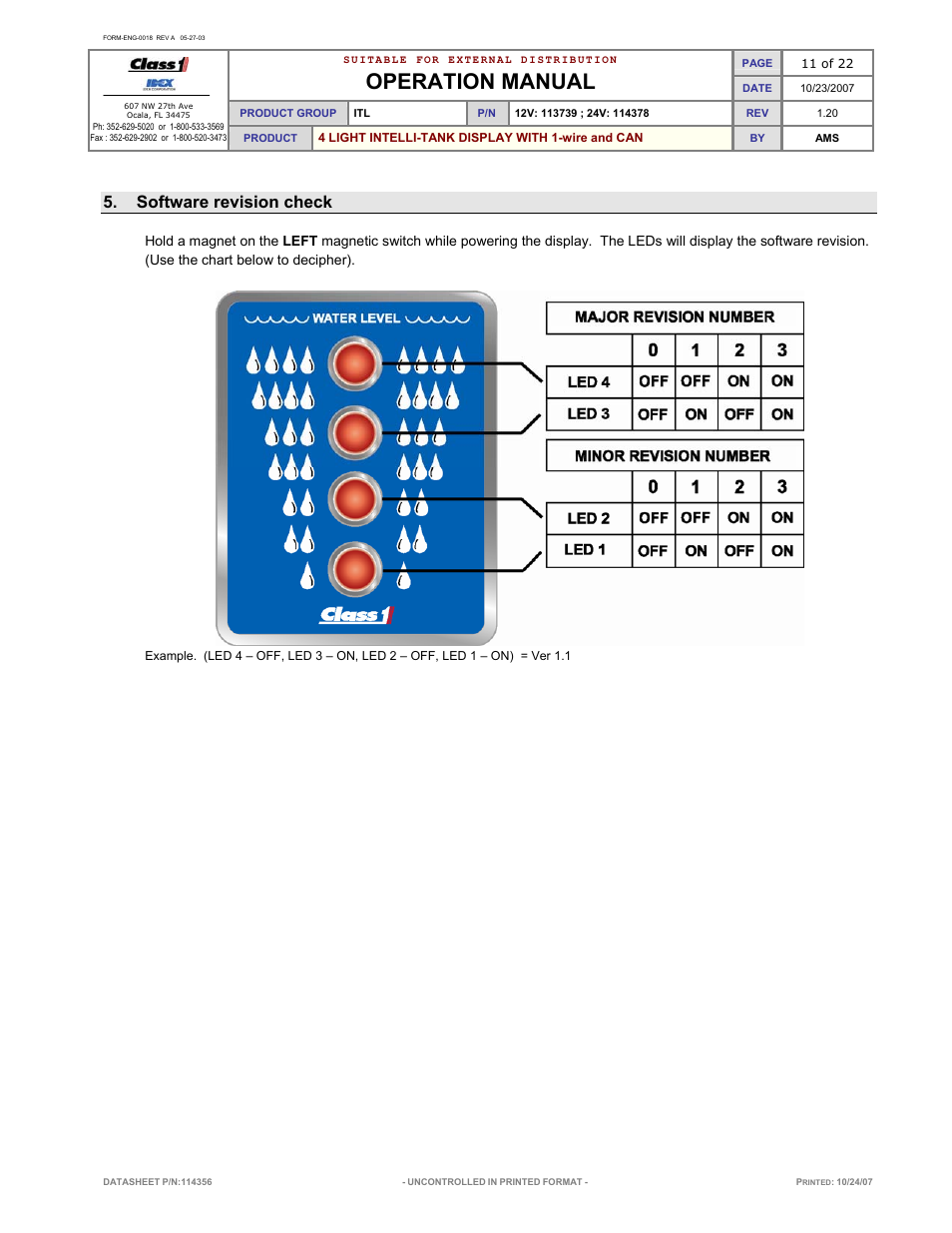 Operation manual, Software revision check | Class1 114356 - ITL 4LT with 1-wire and CAN COM 113739 114378 User Manual | Page 12 / 24