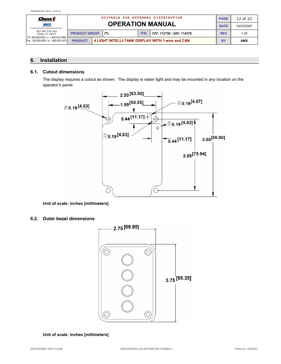 Operation manual, Installation, Cutout dimensions | Outer bezel dimensions | Class1 114356 - ITL 4LT with 1-wire and CAN COM 113739 114378 User Manual | Page 13 / 24