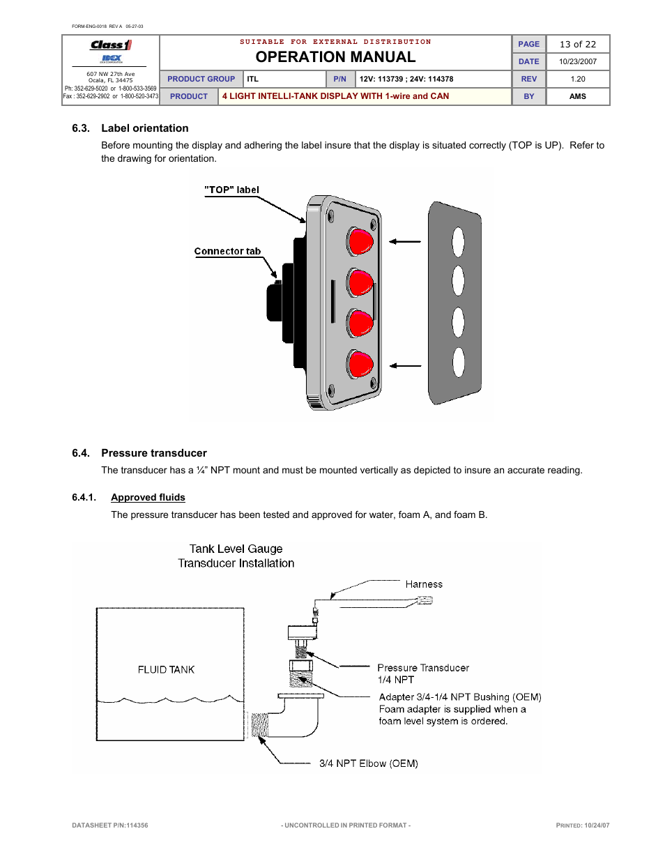 Operation manual, Label orientation, Pressure transducer | Class1 114356 - ITL 4LT with 1-wire and CAN COM 113739 114378 User Manual | Page 14 / 24