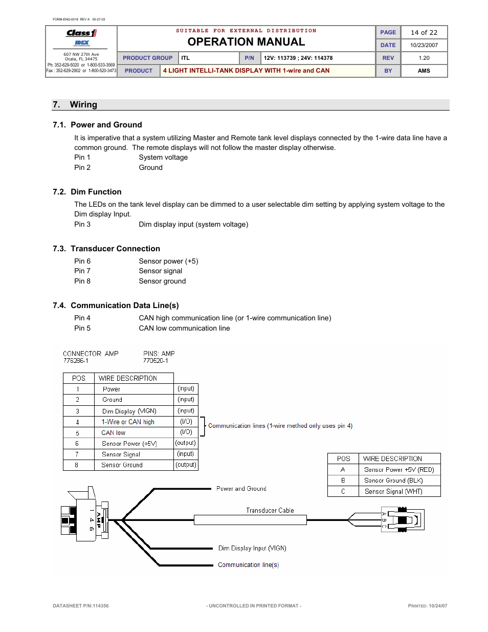 Operation manual, Wiring | Class1 114356 - ITL 4LT with 1-wire and CAN COM 113739 114378 User Manual | Page 15 / 24