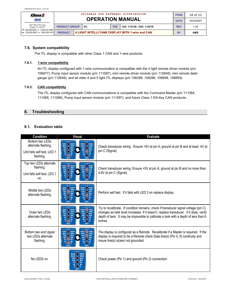 Operation manual, Troubleshooting | Class1 114356 - ITL 4LT with 1-wire and CAN COM 113739 114378 User Manual | Page 19 / 24