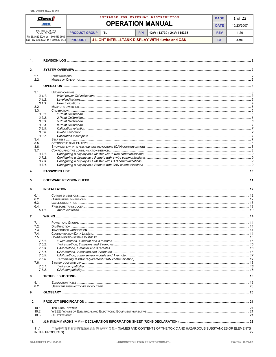 Operation manual | Class1 114356 - ITL 4LT with 1-wire and CAN COM 113739 114378 User Manual | Page 2 / 24