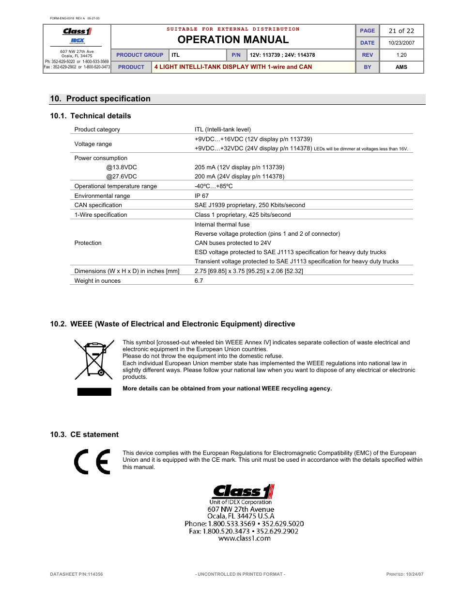 Operation manual, Product specification, Technical details | Ce statement | Class1 114356 - ITL 4LT with 1-wire and CAN COM 113739 114378 User Manual | Page 22 / 24