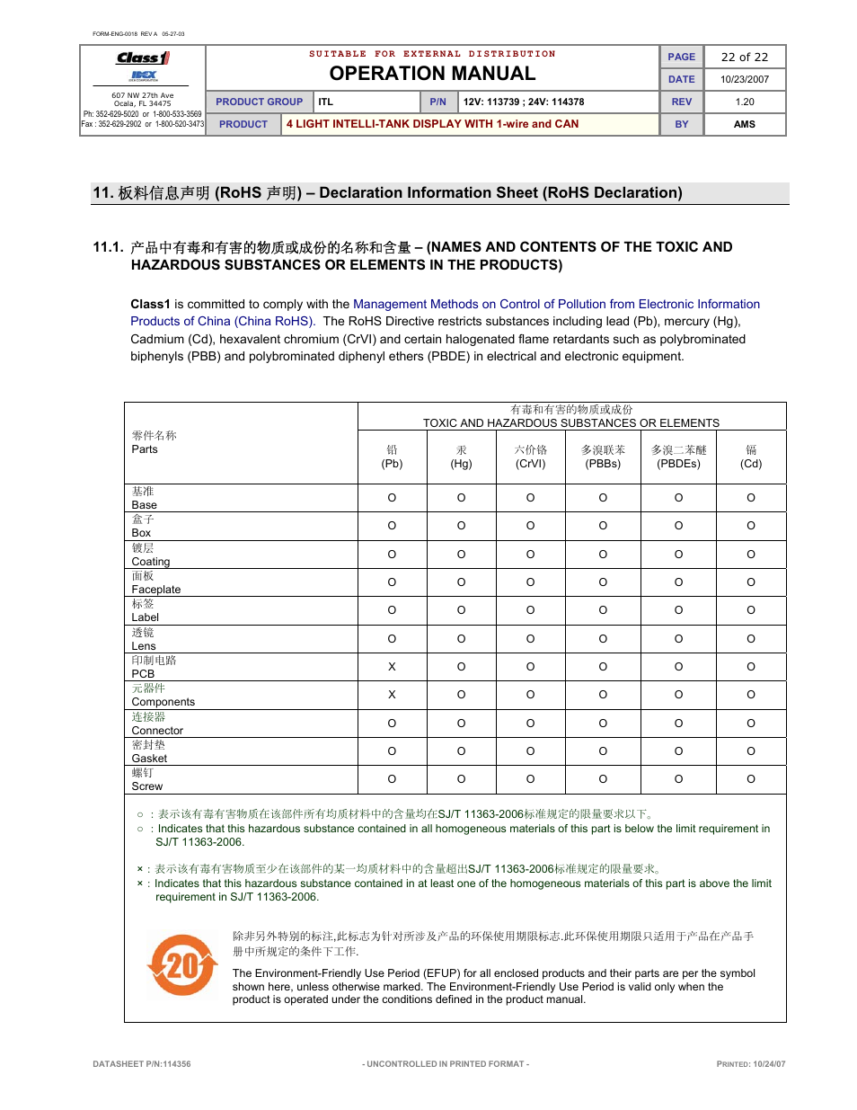 Operation manual | Class1 114356 - ITL 4LT with 1-wire and CAN COM 113739 114378 User Manual | Page 23 / 24