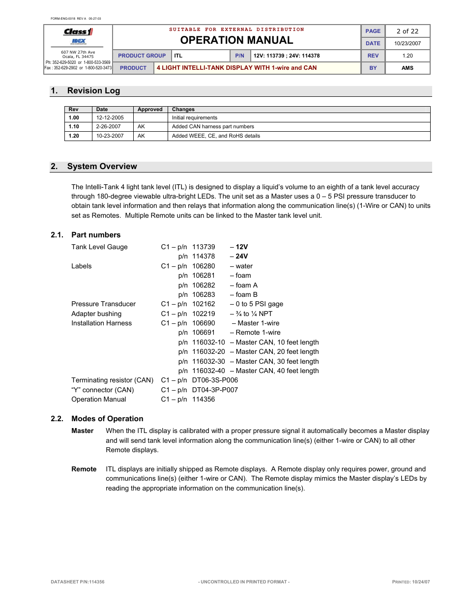 Operation manual, Revision log, System overview | Class1 114356 - ITL 4LT with 1-wire and CAN COM 113739 114378 User Manual | Page 3 / 24