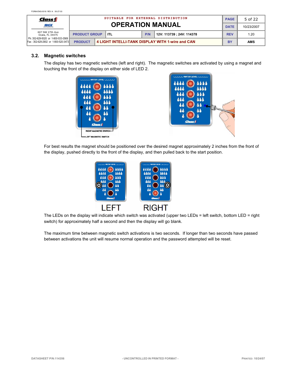 Operation manual, Magnetic switches | Class1 114356 - ITL 4LT with 1-wire and CAN COM 113739 114378 User Manual | Page 6 / 24