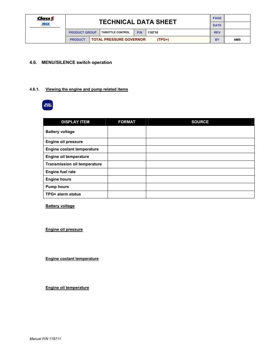 Technical data sheet | Class1 118711 - TPG+ Governor - 118710  EXTERNAL User Manual | Page 14 / 31