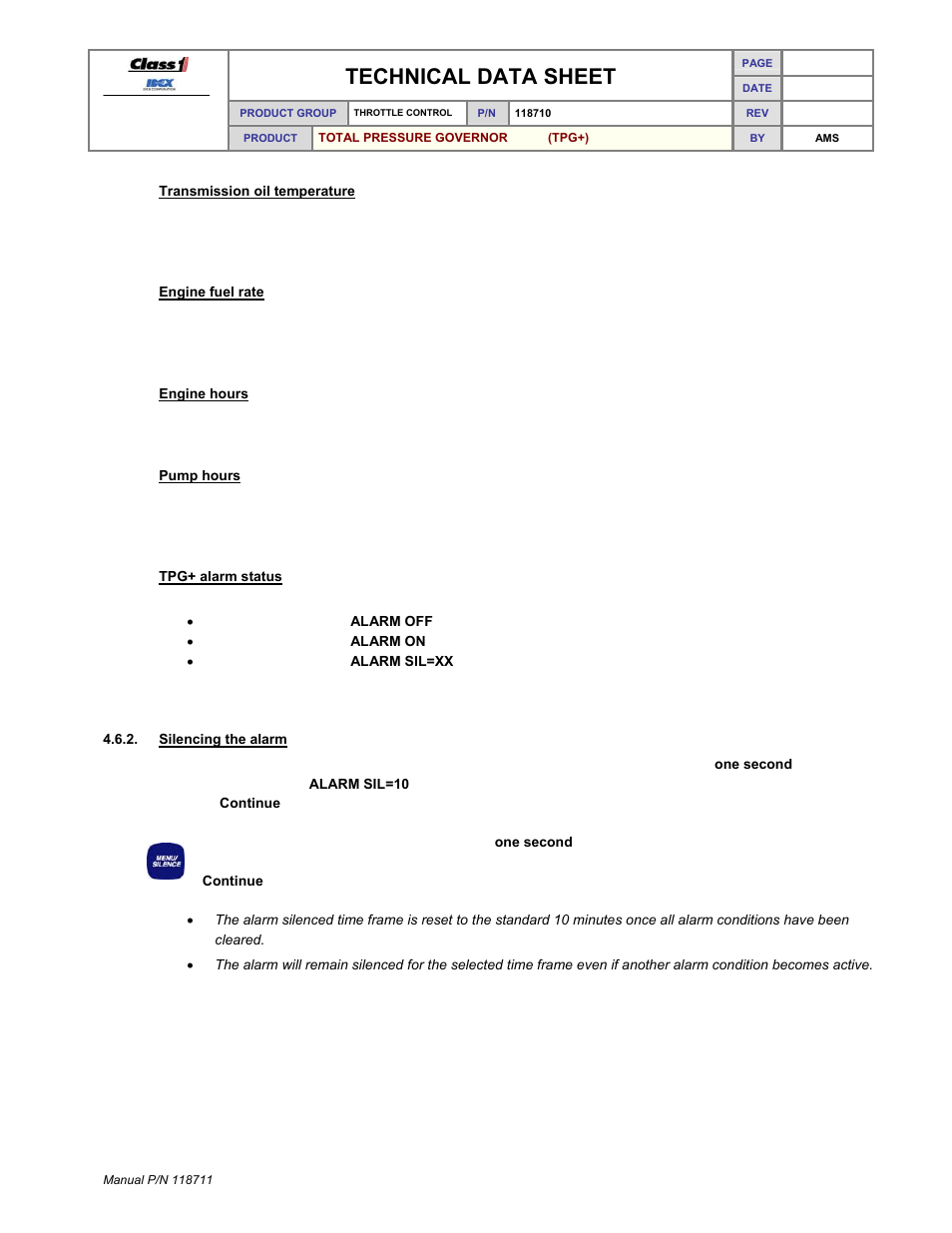 Technical data sheet | Class1 118711 - TPG+ Governor - 118710  EXTERNAL User Manual | Page 15 / 31