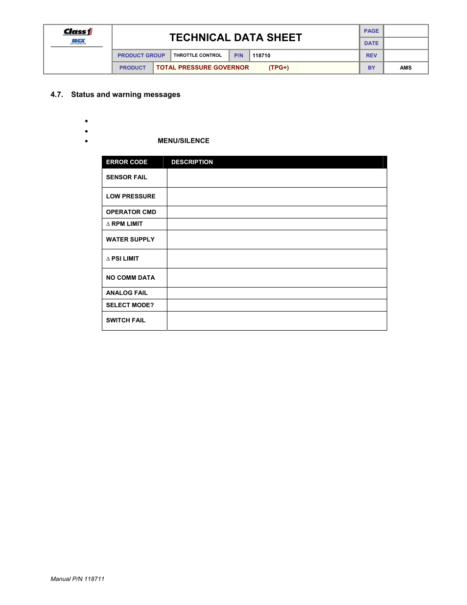 Technical data sheet | Class1 118711 - TPG+ Governor - 118710  EXTERNAL User Manual | Page 16 / 31