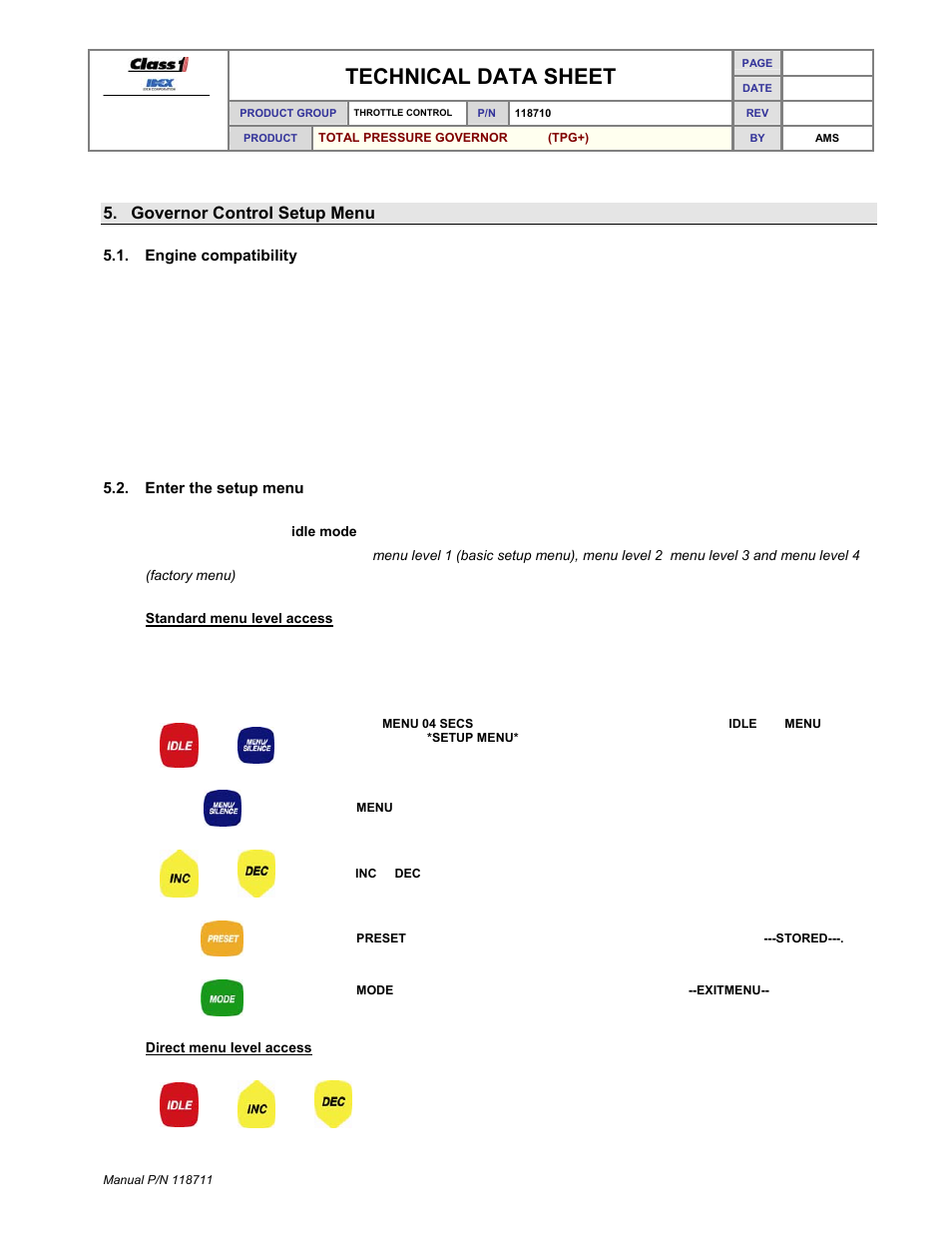 Technical data sheet, Governor control setup menu | Class1 118711 - TPG+ Governor - 118710  EXTERNAL User Manual | Page 18 / 31