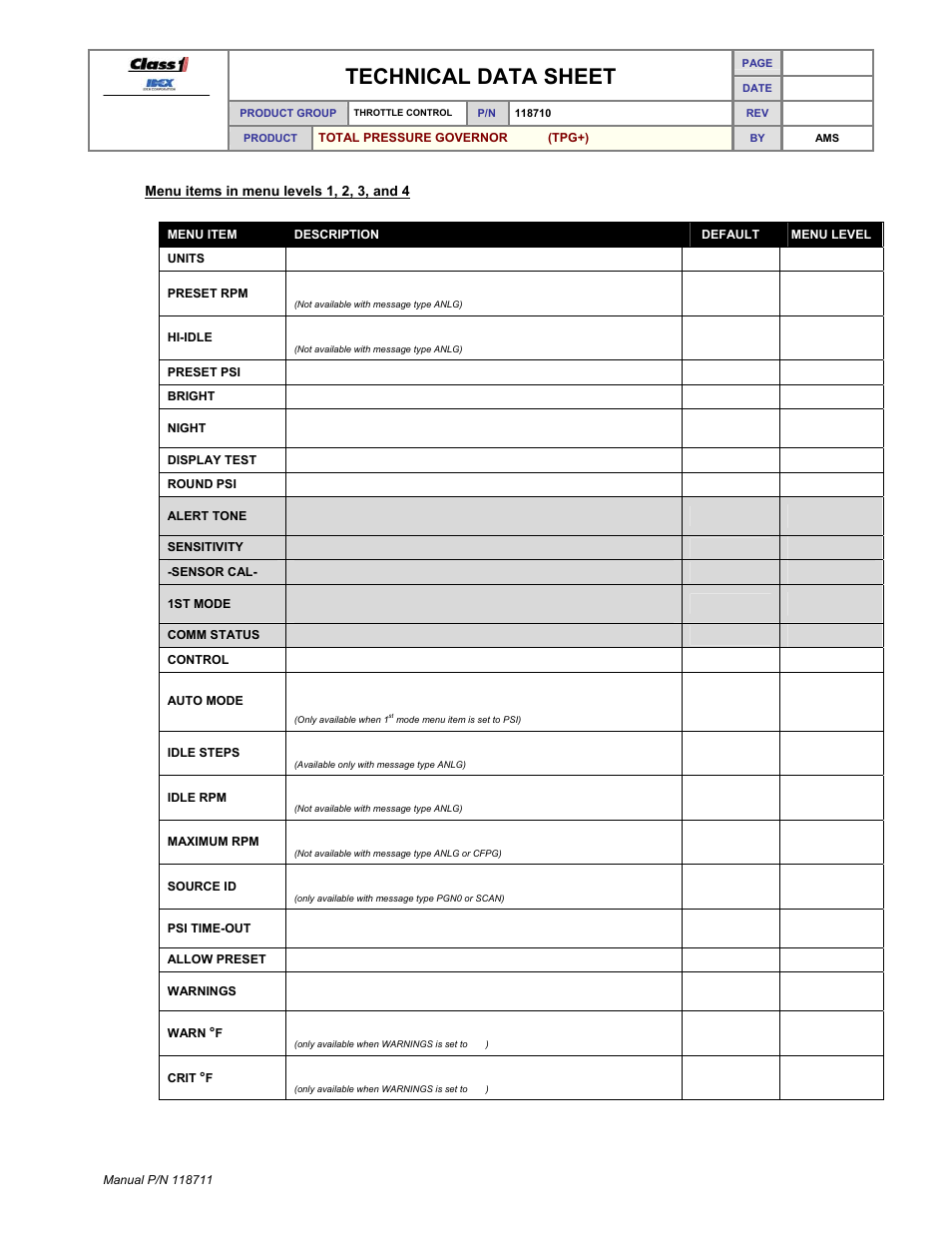Technical data sheet | Class1 118711 - TPG+ Governor - 118710  EXTERNAL User Manual | Page 19 / 31