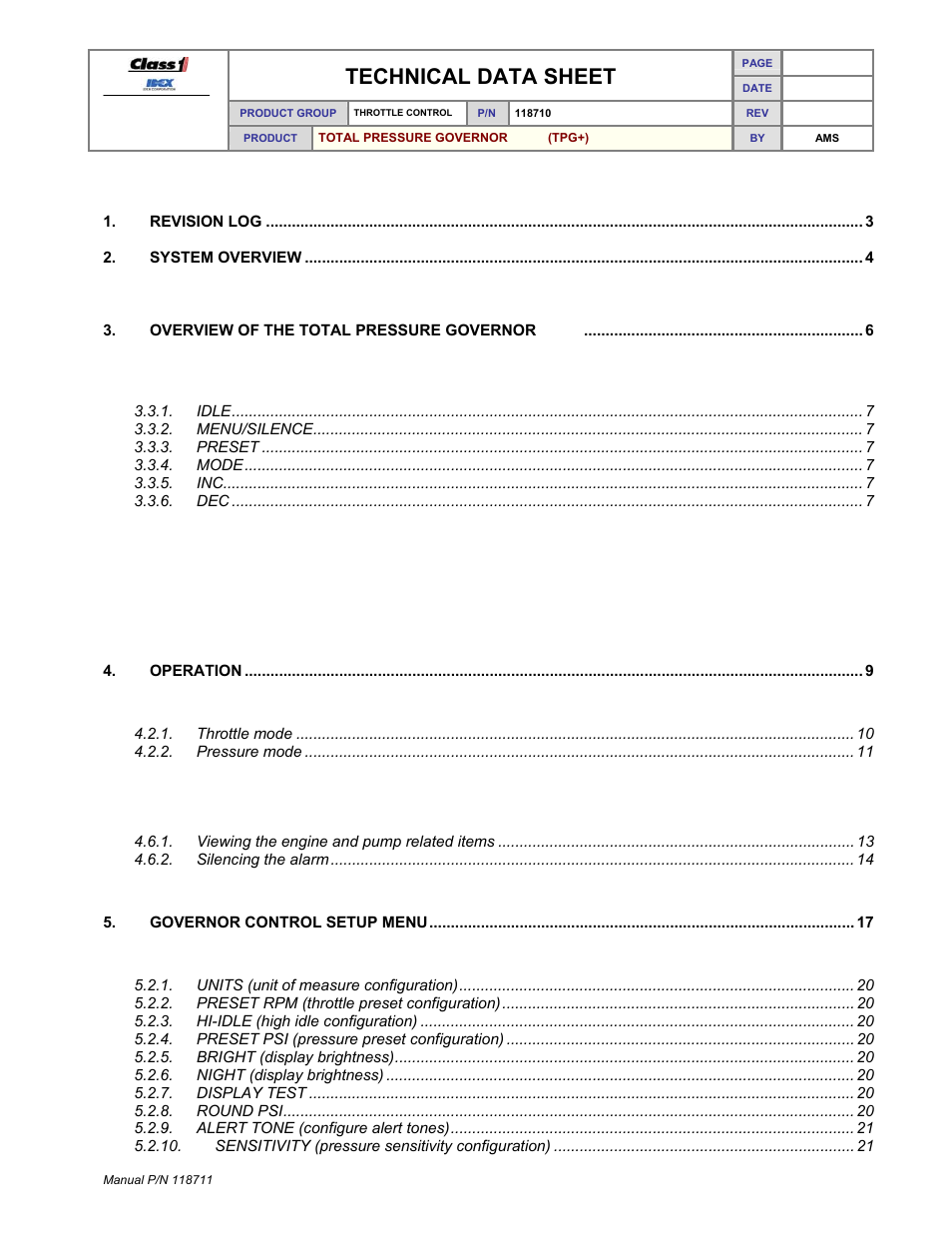 Technical data sheet | Class1 118711 - TPG+ Governor - 118710  EXTERNAL User Manual | Page 2 / 31