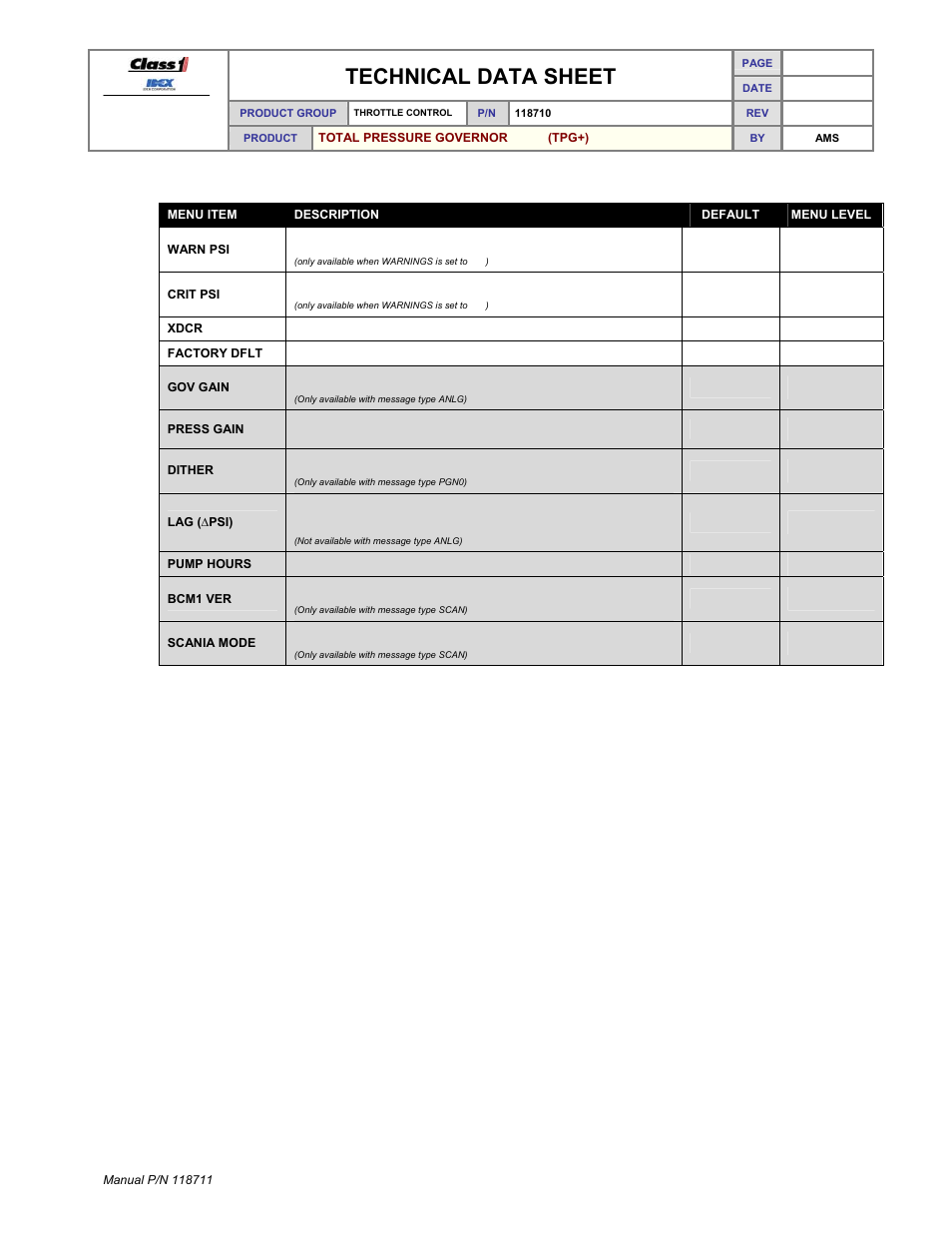 Technical data sheet | Class1 118711 - TPG+ Governor - 118710  EXTERNAL User Manual | Page 20 / 31