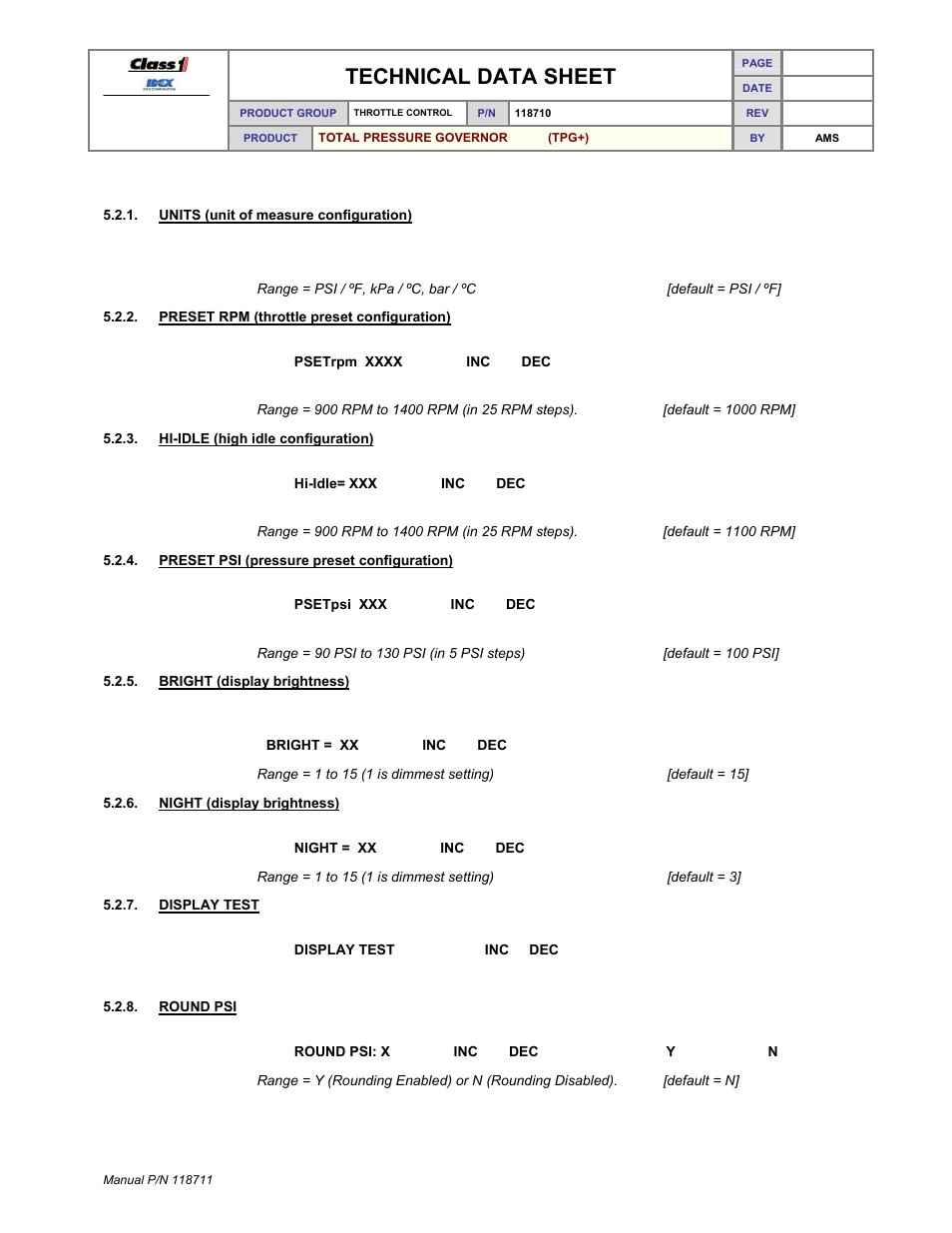 Technical data sheet | Class1 118711 - TPG+ Governor - 118710  EXTERNAL User Manual | Page 21 / 31