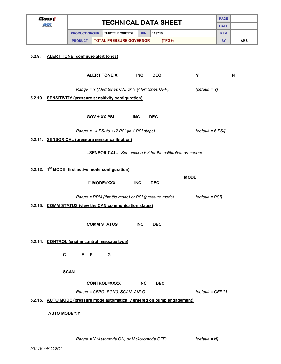 Technical data sheet | Class1 118711 - TPG+ Governor - 118710  EXTERNAL User Manual | Page 22 / 31