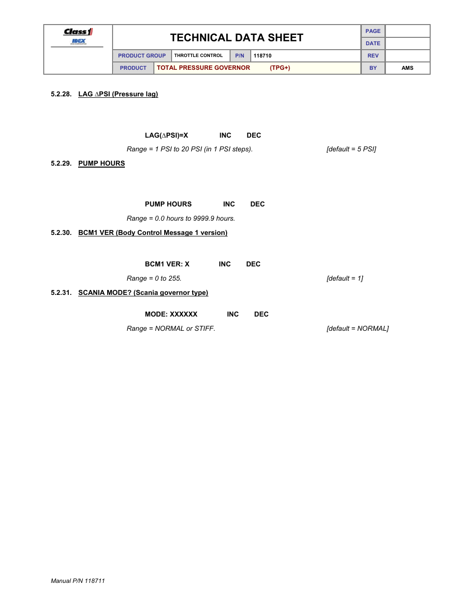 Technical data sheet | Class1 118711 - TPG+ Governor - 118710  EXTERNAL User Manual | Page 25 / 31