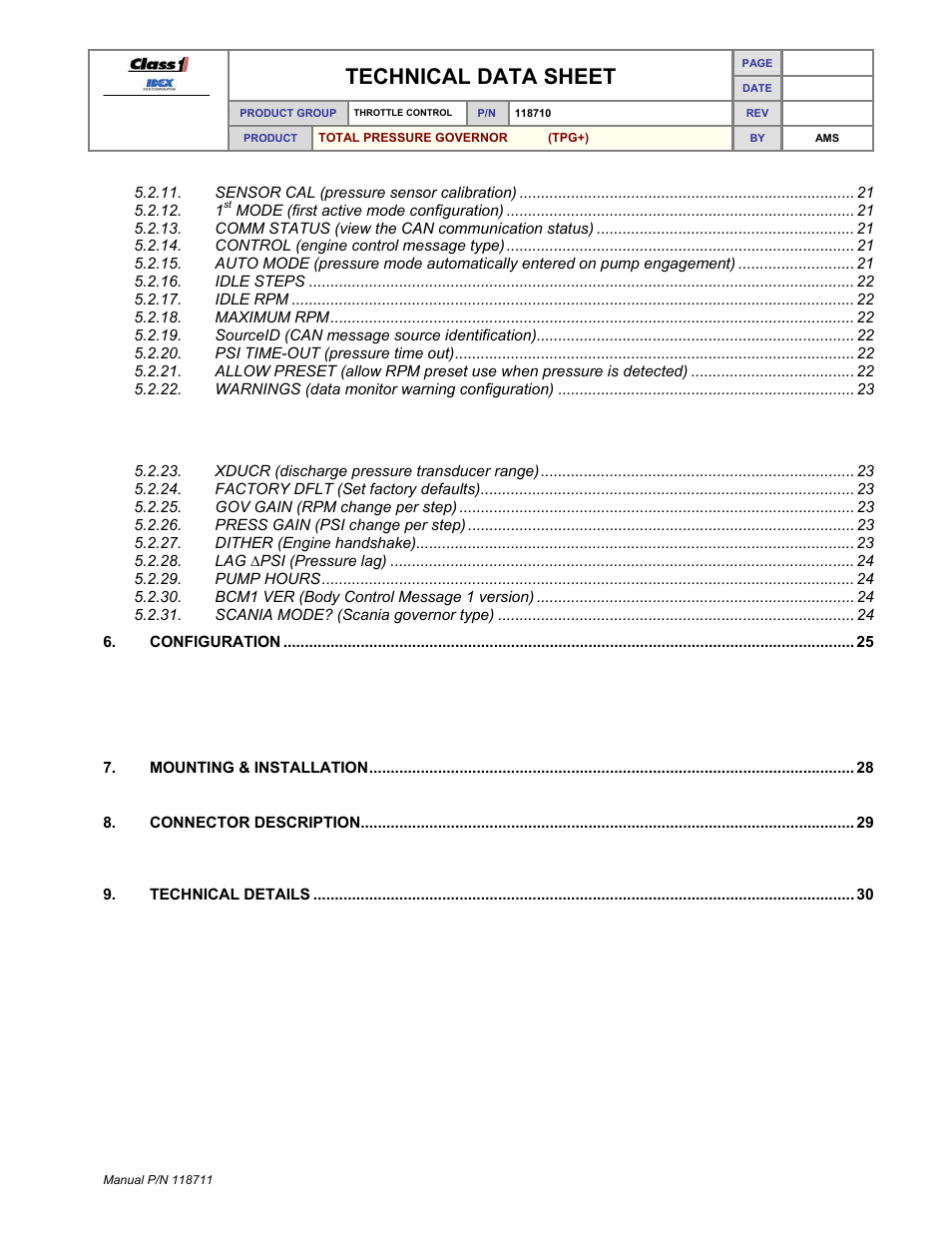 Technical data sheet | Class1 118711 - TPG+ Governor - 118710  EXTERNAL User Manual | Page 3 / 31