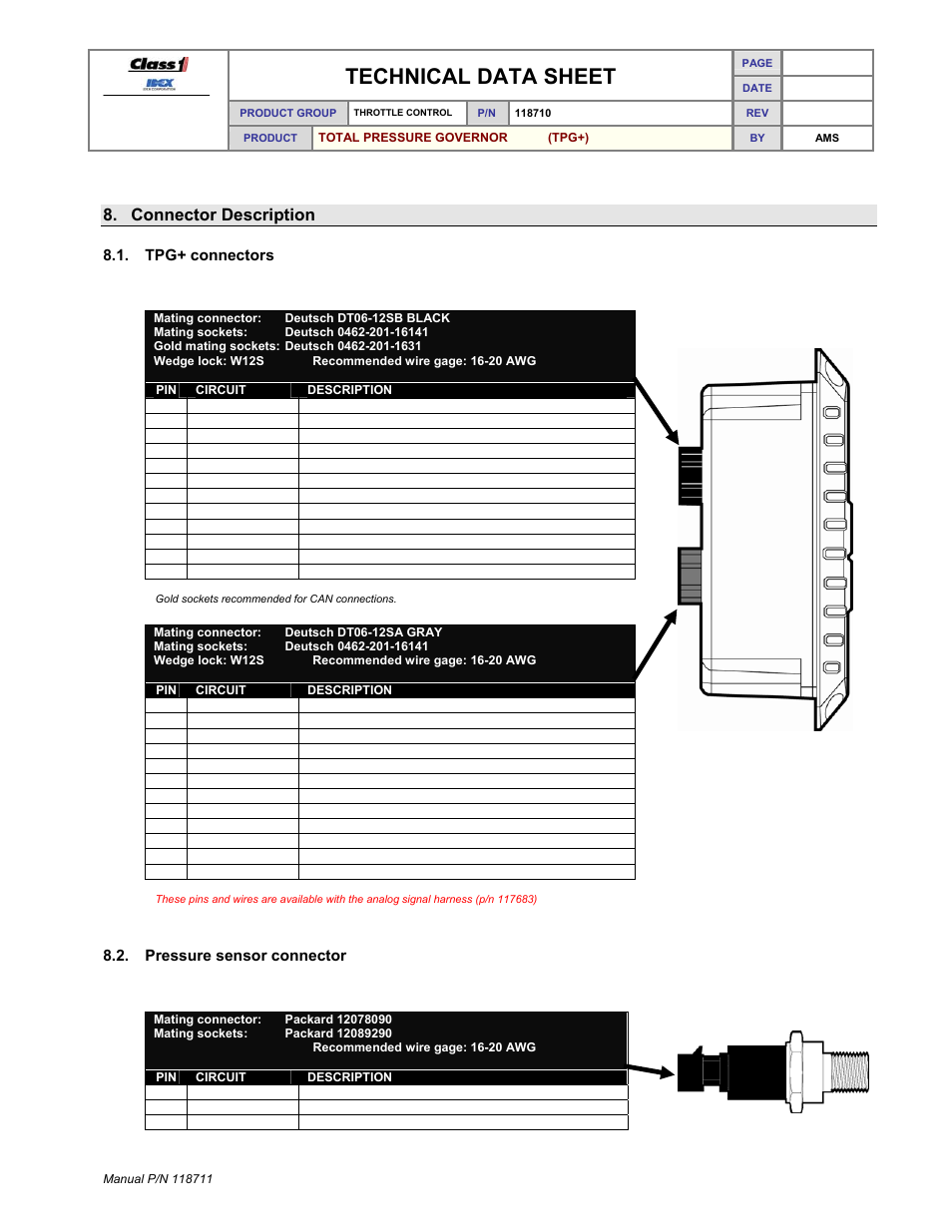 Technical data sheet, Connector description | Class1 118711 - TPG+ Governor - 118710  EXTERNAL User Manual | Page 30 / 31