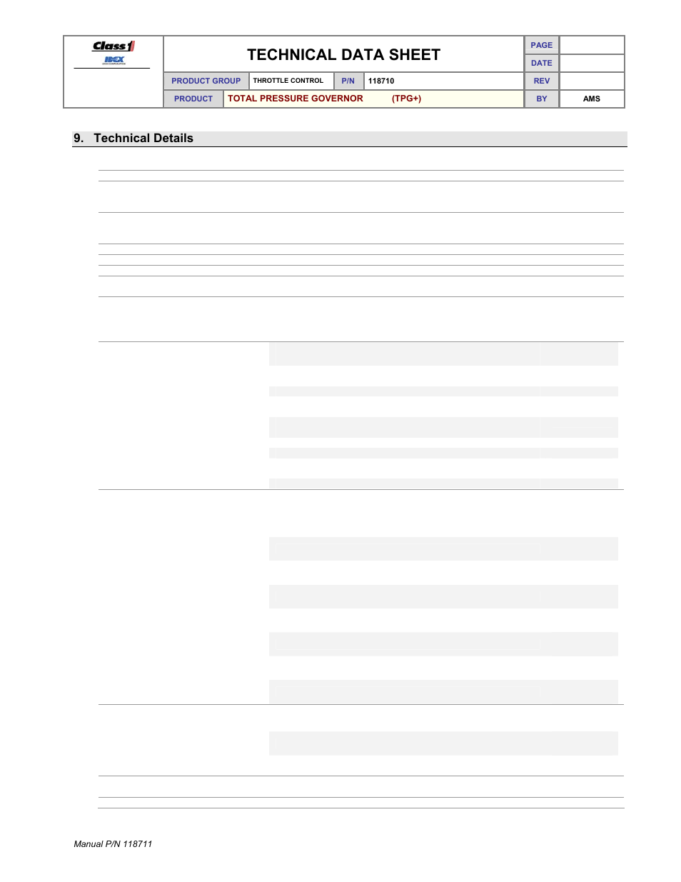 Technical data sheet, Technical details | Class1 118711 - TPG+ Governor - 118710  EXTERNAL User Manual | Page 31 / 31