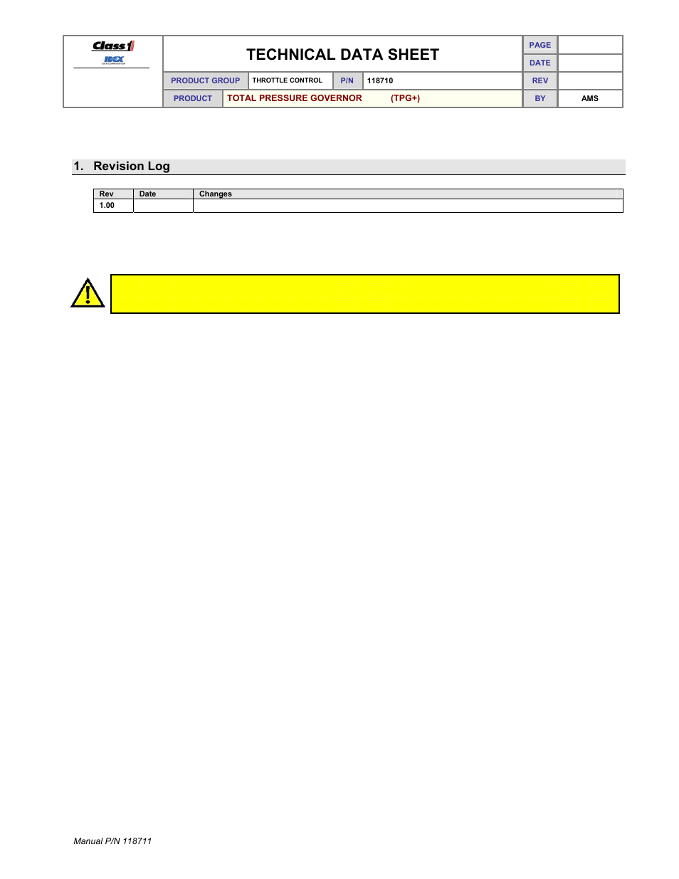 Technical data sheet, Revision log | Class1 118711 - TPG+ Governor - 118710  EXTERNAL User Manual | Page 4 / 31