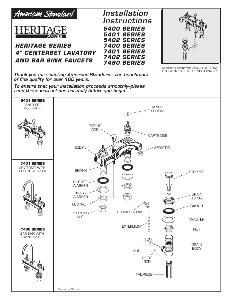 American Standard 4" Centerset Lavatory and Bar Sink Faucets 5400 Series User Manual | 2 pages