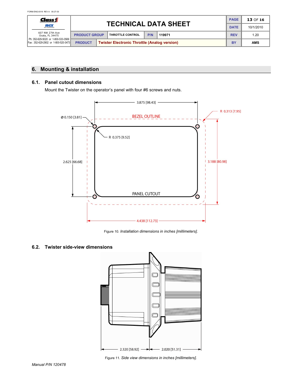 Technical data sheet, Mounting & installation | Class1 119971 - Twister Electronic Throttle ANALOG - 120478  EXTERNAL User Manual | Page 14 / 17