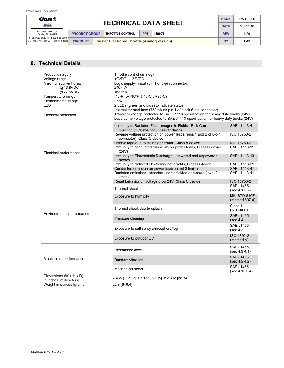 Technical data sheet, Technical details | Class1 119971 - Twister Electronic Throttle ANALOG - 120478  EXTERNAL User Manual | Page 16 / 17