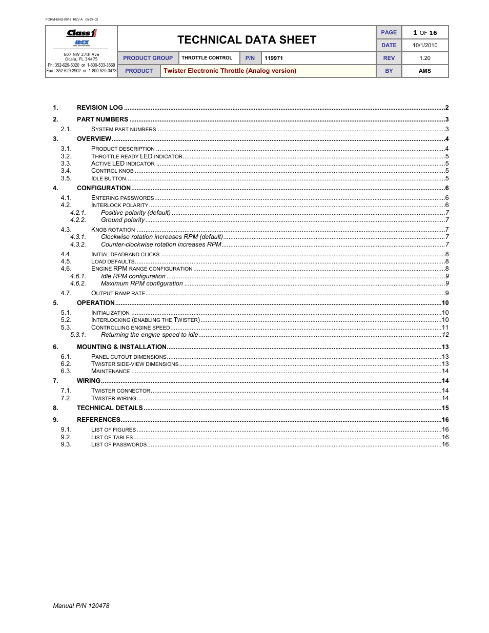 Technical data sheet | Class1 119971 - Twister Electronic Throttle ANALOG - 120478  EXTERNAL User Manual | Page 2 / 17