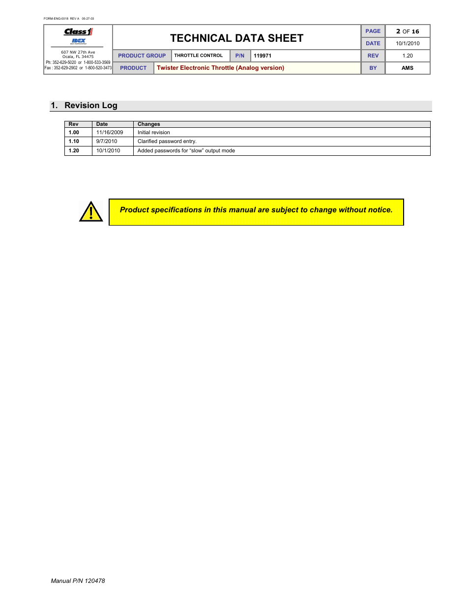 Technical data sheet, Revision log | Class1 119971 - Twister Electronic Throttle ANALOG - 120478  EXTERNAL User Manual | Page 3 / 17