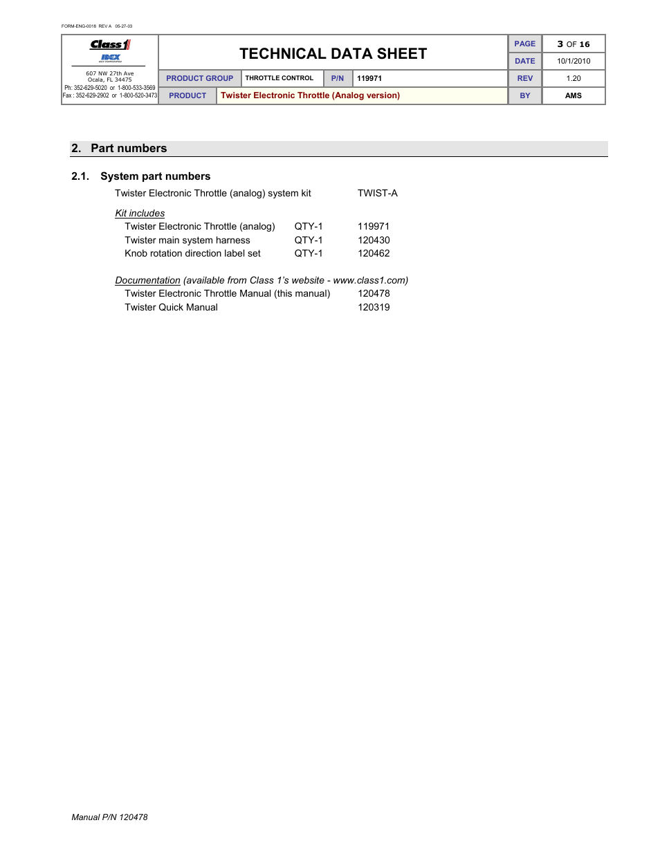 Technical data sheet, Part numbers | Class1 119971 - Twister Electronic Throttle ANALOG - 120478  EXTERNAL User Manual | Page 4 / 17