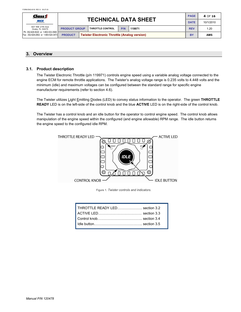 Technical data sheet, Overview | Class1 119971 - Twister Electronic Throttle ANALOG - 120478  EXTERNAL User Manual | Page 5 / 17