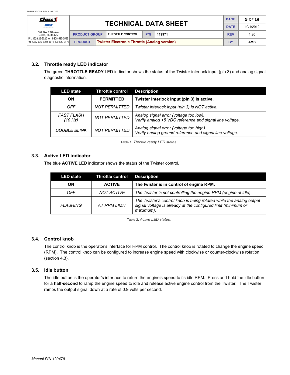 Technical data sheet | Class1 119971 - Twister Electronic Throttle ANALOG - 120478  EXTERNAL User Manual | Page 6 / 17