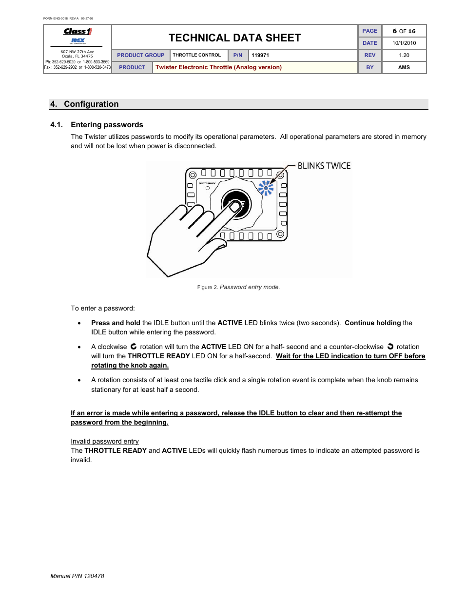 Technical data sheet, Configuration | Class1 119971 - Twister Electronic Throttle ANALOG - 120478  EXTERNAL User Manual | Page 7 / 17