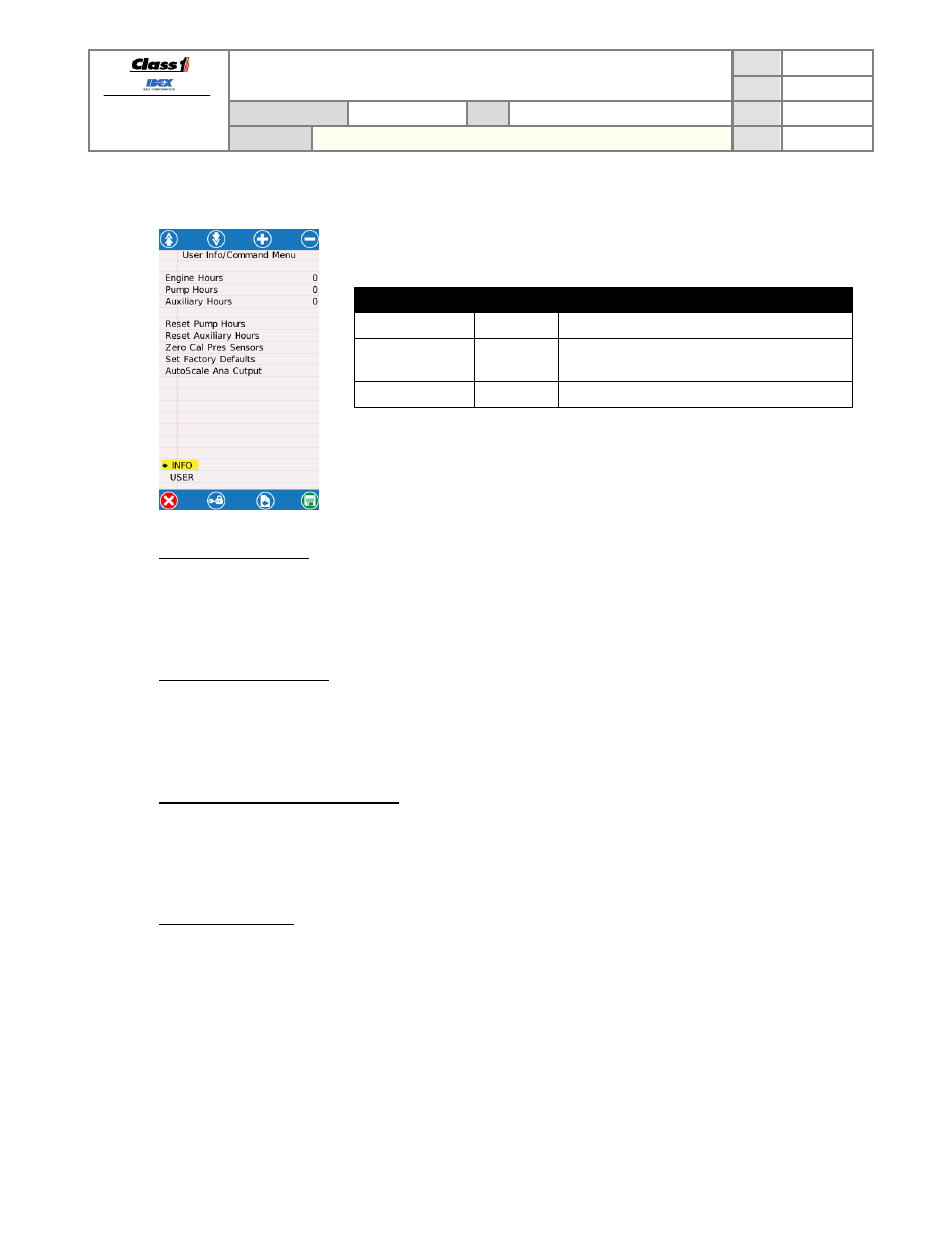Info menu, Reset the pump hours, Reset the auxiliary hours | Zero calibrate the pressure sensors, Set factory defaults, Technical data sheet | Class1 3041-10X-00-CL1 - Sentry Governor -  EXTERNAL User Manual | Page 22 / 36
