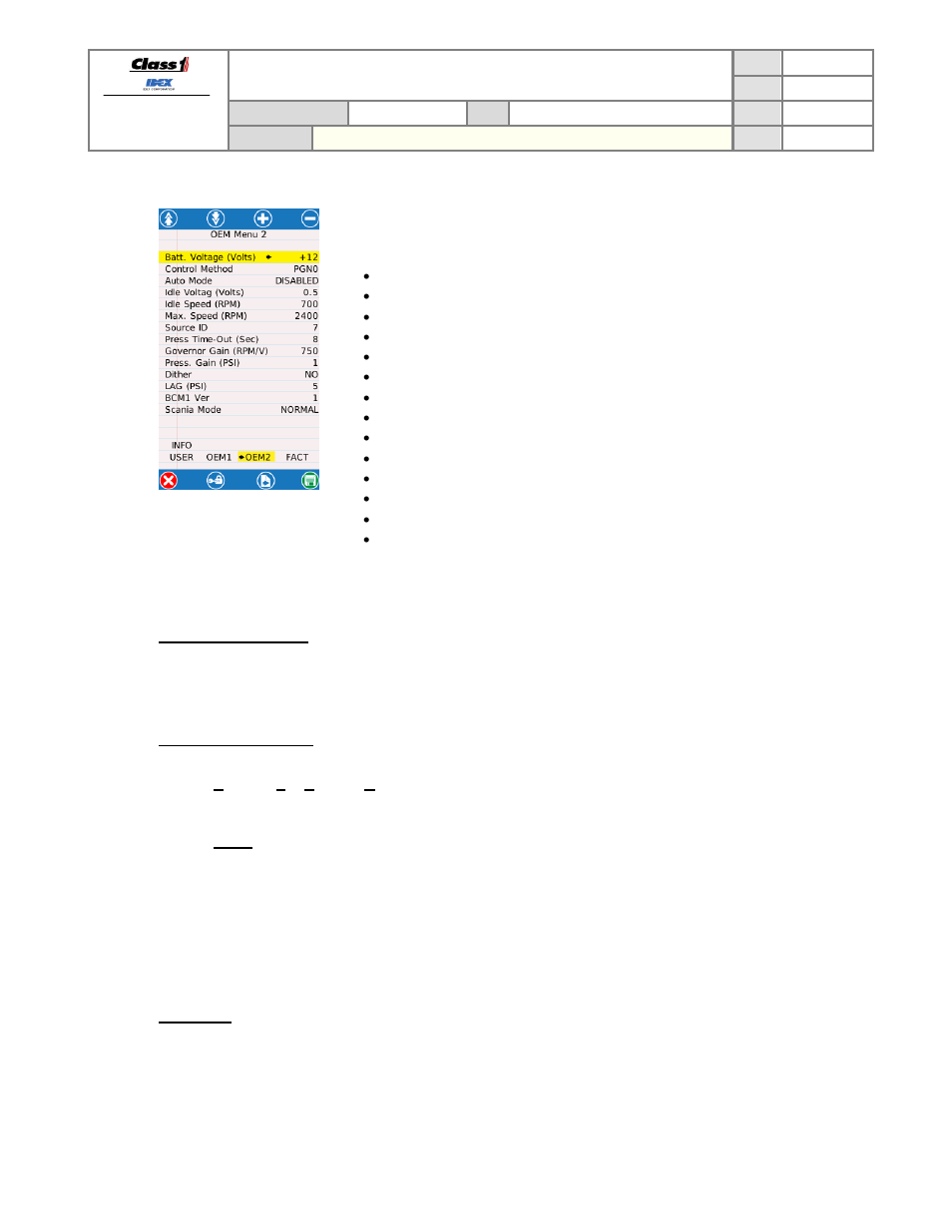 Oem 2 menu, Battery voltage range, Engine control method | Auto mode, On 6.6.2 ), Technical data sheet | Class1 3041-10X-00-CL1 - Sentry Governor -  EXTERNAL User Manual | Page 27 / 36