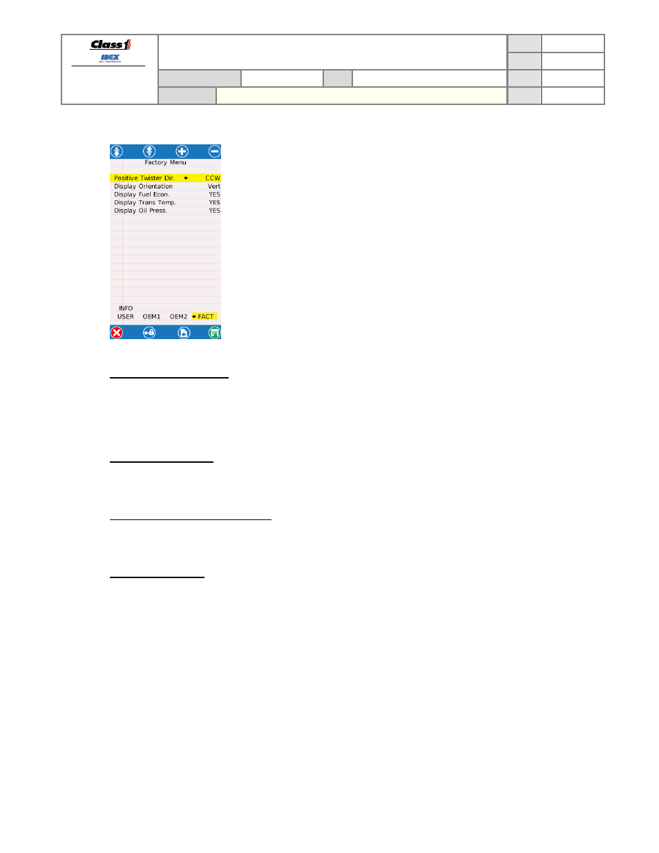 Fact menu, Positive twister direction, Display fuel economy | Display transmission temperature, Display oil pressure, N 6.7.1), Technical data sheet | Class1 3041-10X-00-CL1 - Sentry Governor -  EXTERNAL User Manual | Page 30 / 36