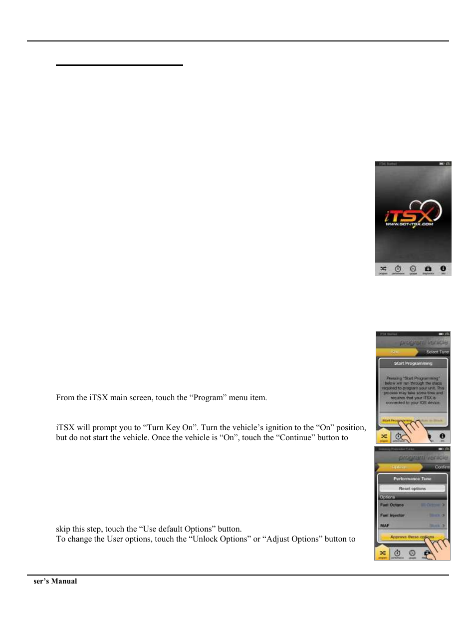 Using the itsx app, 1 itsx menu overview, 2 installing a custom tune file | SCT iTSX (Ford 4015,GM 4416) User Manual | Page 10 / 18