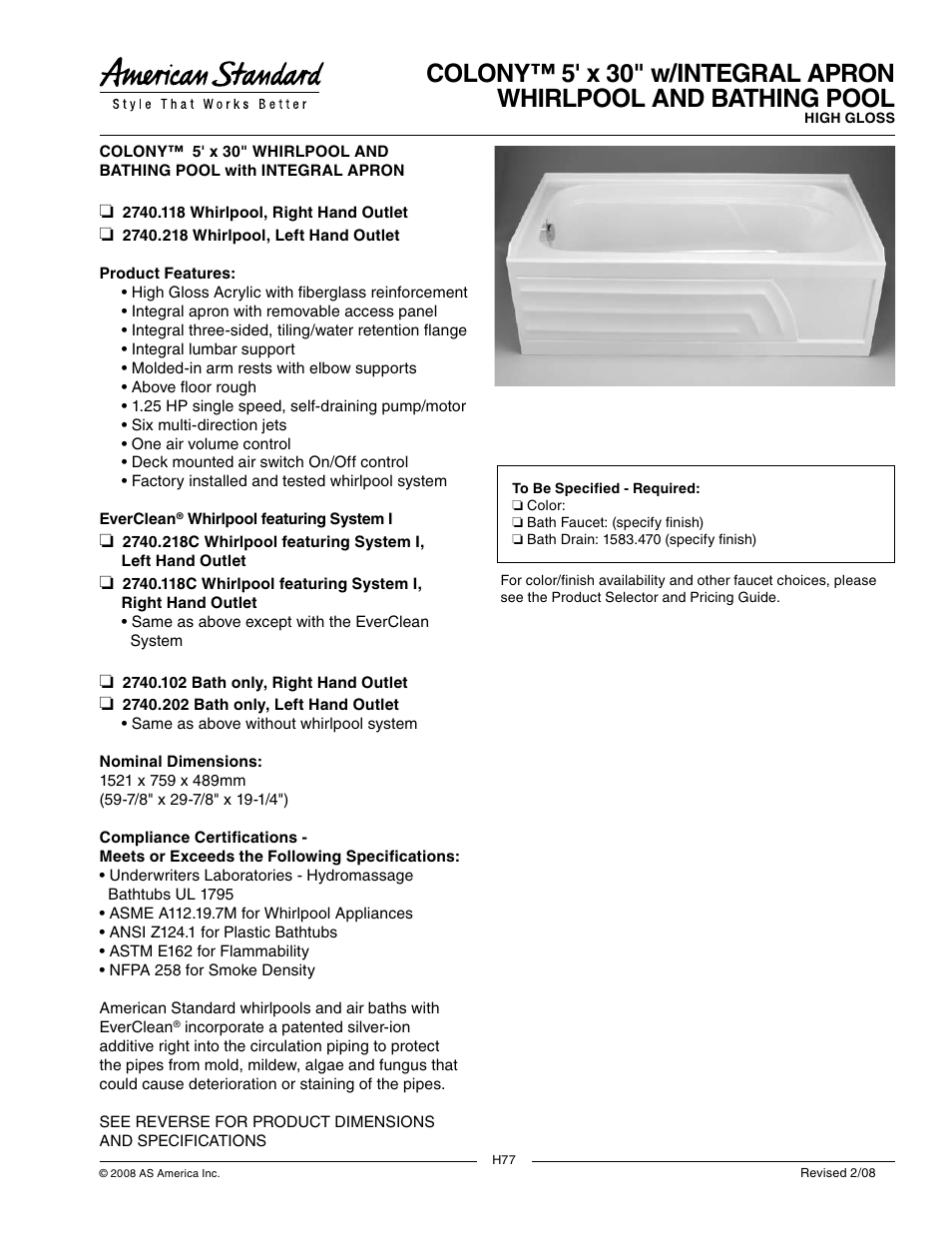 American Standard Colony 2740.218C User Manual | 2 pages