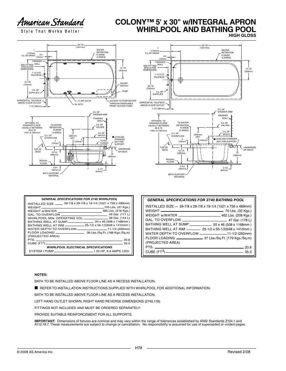 High gloss, General specifications for 2740 bathing pool, Revised 2/08 | American Standard Colony 2740.218C User Manual | Page 2 / 2