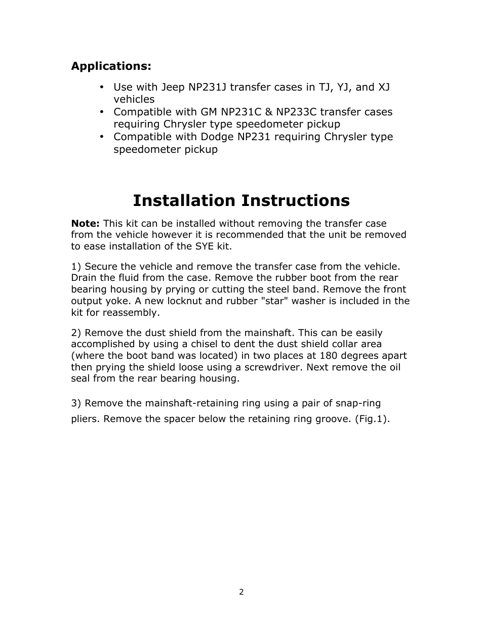 Installation instructions | JB Conversions 16-1200 HD Standard Length SYE Kit for the NP231 User Manual | Page 2 / 11