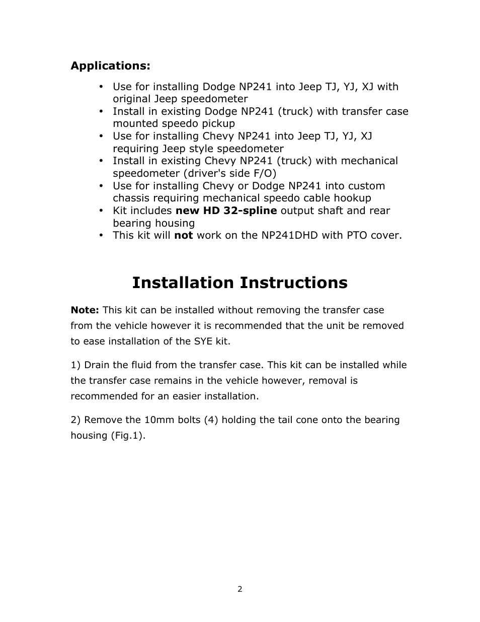 Installation instructions | JB Conversions 16-1204 HD Standard Length SYE Kit for the NP241 User Manual | Page 2 / 15