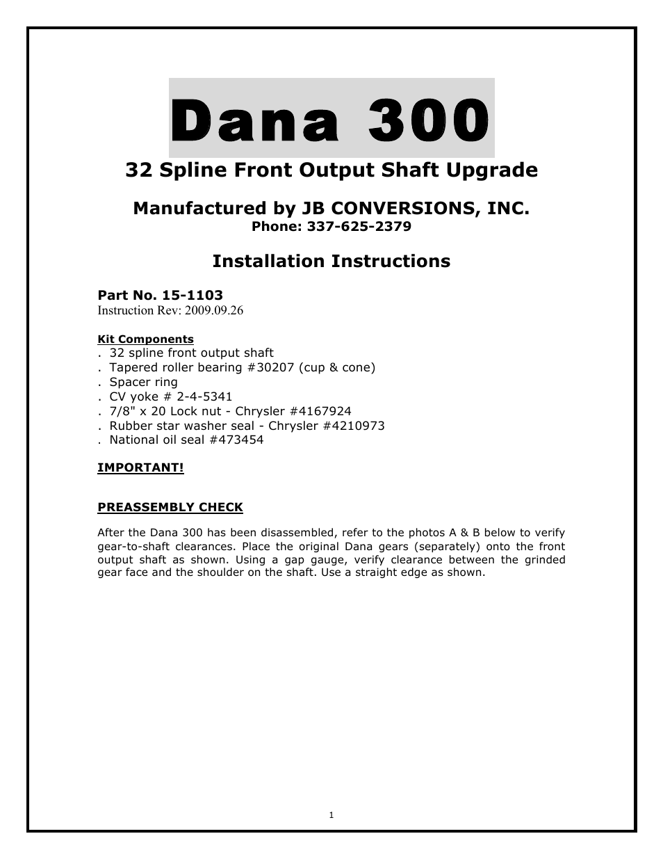 JB Conversions 15-1103 Dana 300 User Manual | 15 pages