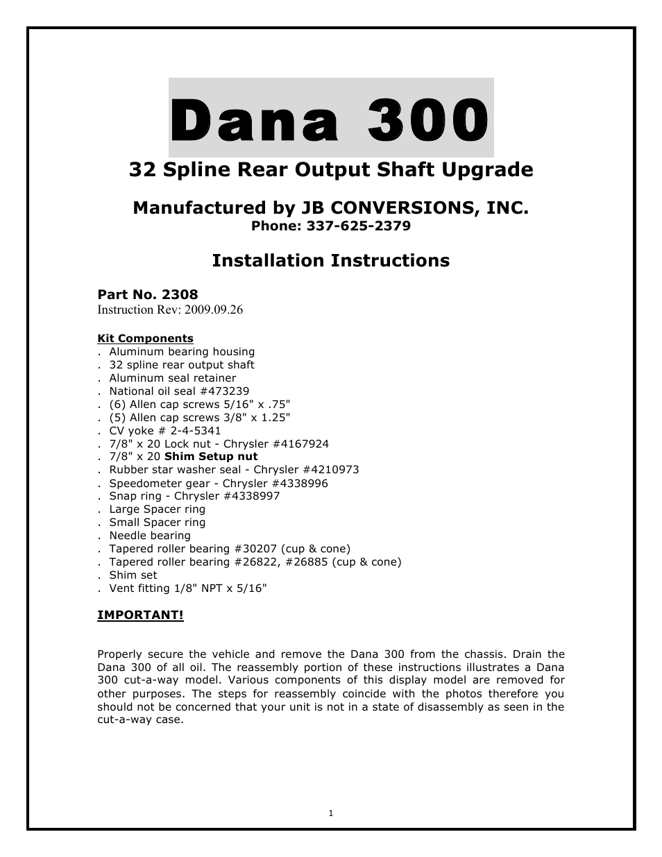 JB Conversions 2308 Dana 300 User Manual | 21 pages