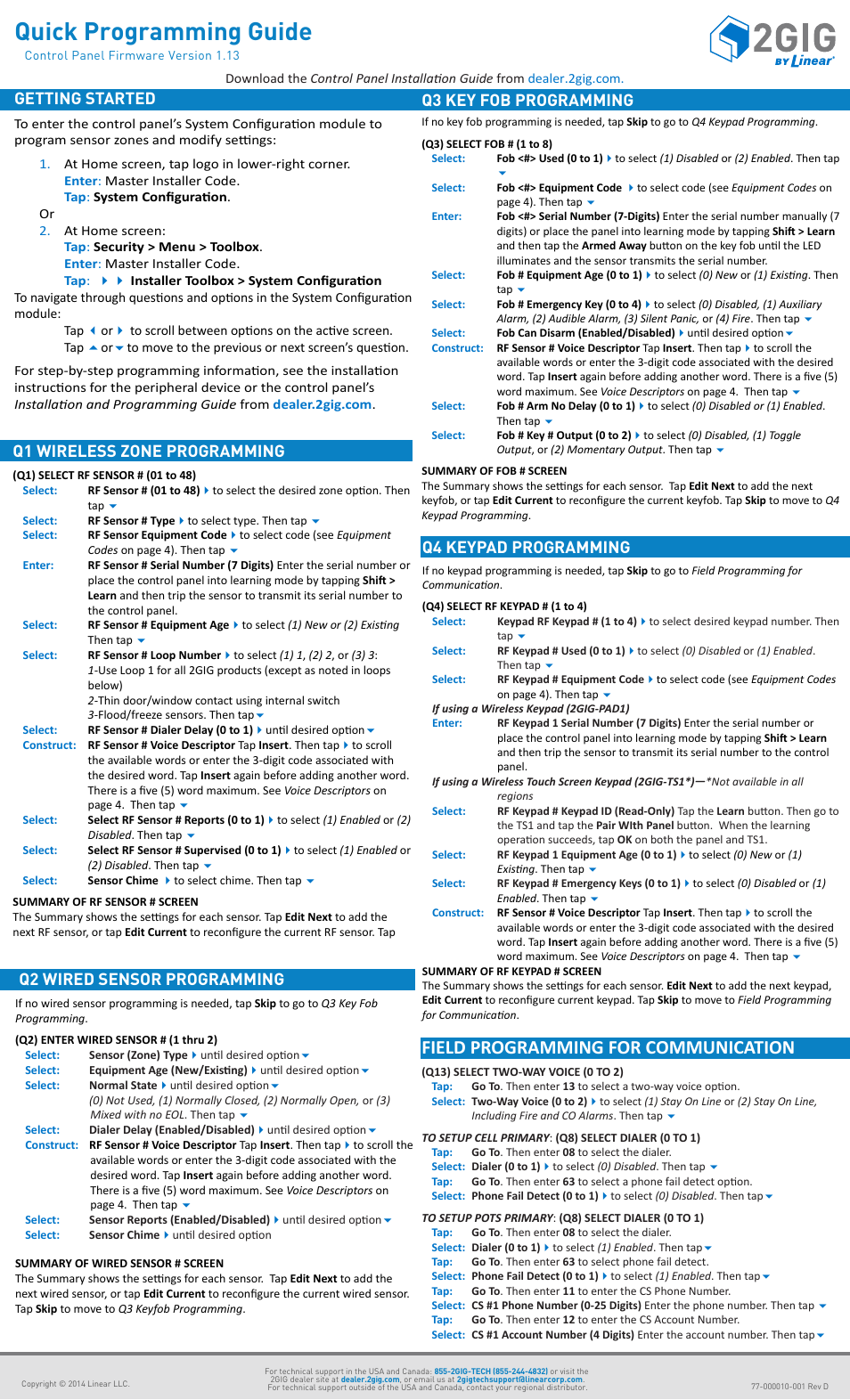 2GIG Control Panel Firmware Version 1.13 - Quick Programming Guide User Manual | 4 pages